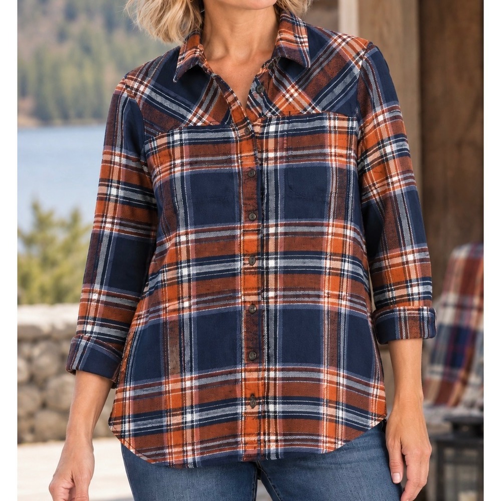Duluth Trading Co Navy rust orange brown Plaid Free Swingin Flannel Shirt Large